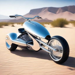 A chrome speeder bike chopper with a go-cart seat, combining elements of futuristic design and classic go-cart style