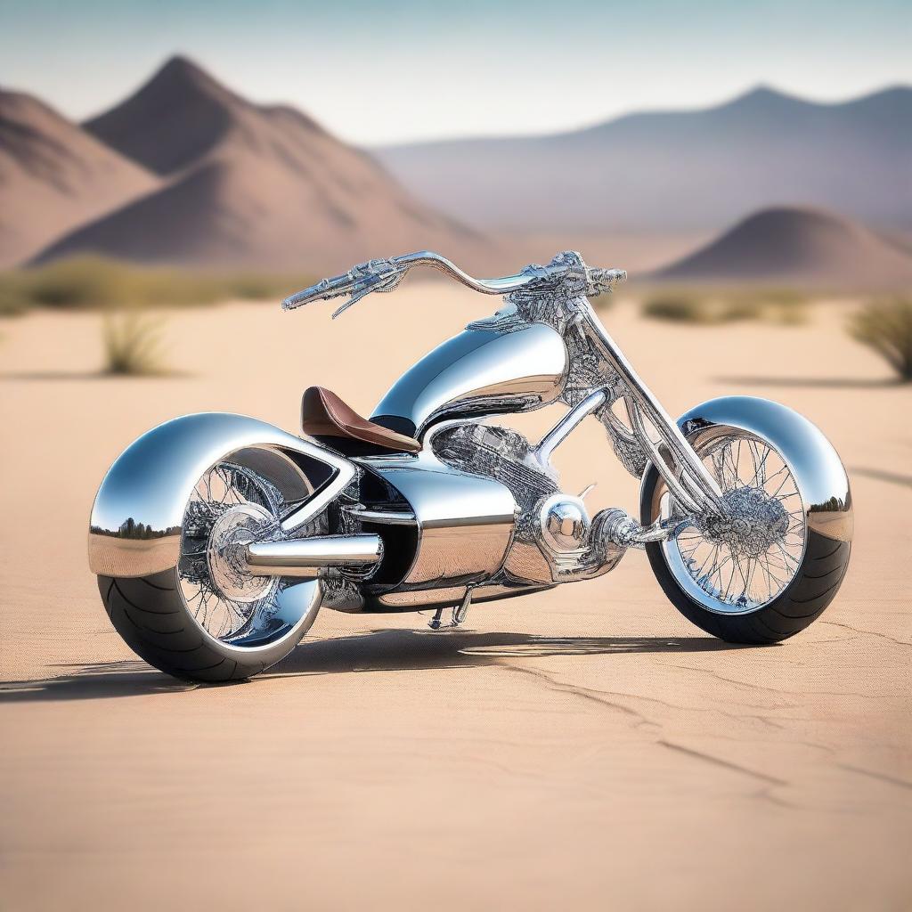 A chrome speeder bike chopper with a go-cart seat, combining elements of futuristic design and classic go-cart style