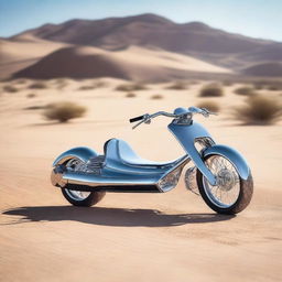 A chrome speeder bike chopper with a go-cart seat, combining elements of futuristic design and classic go-cart style