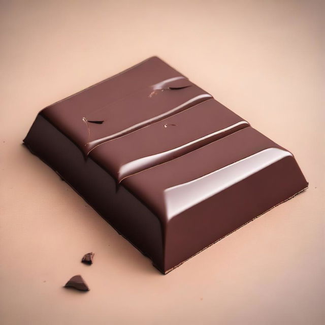 A delicious, rich, and creamy piece of chocolate, with a smooth texture and a glossy finish