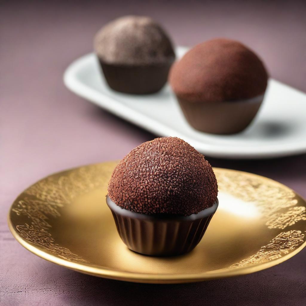 A gourmet brigadeiro, a traditional Brazilian chocolate truffle dessert, beautifully presented on a decorative plate