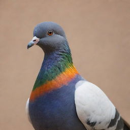 A realistic pigeon, subtly infused with the rich tricolors of the Indian flag: a hint of saffron on its head, a wash of white across the body, and a touch of green at the tail, with a small navy blue Ashoka Chakra nestled in its plumage.