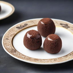 A gourmet brigadeiro, a traditional Brazilian chocolate truffle dessert, beautifully presented on a decorative plate