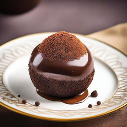 A gourmet brigadeiro, a traditional Brazilian chocolate truffle dessert, beautifully presented on a decorative plate