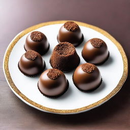 A gourmet brigadeiro, a traditional Brazilian chocolate truffle dessert, beautifully presented on a decorative plate