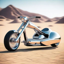 A chrome speeder bike chopper with a go-cart seat, featuring a blend of futuristic design and classic go-cart aesthetics