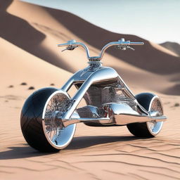 A chrome speeder bike chopper with a go-cart seat, featuring a blend of futuristic design and classic go-cart aesthetics