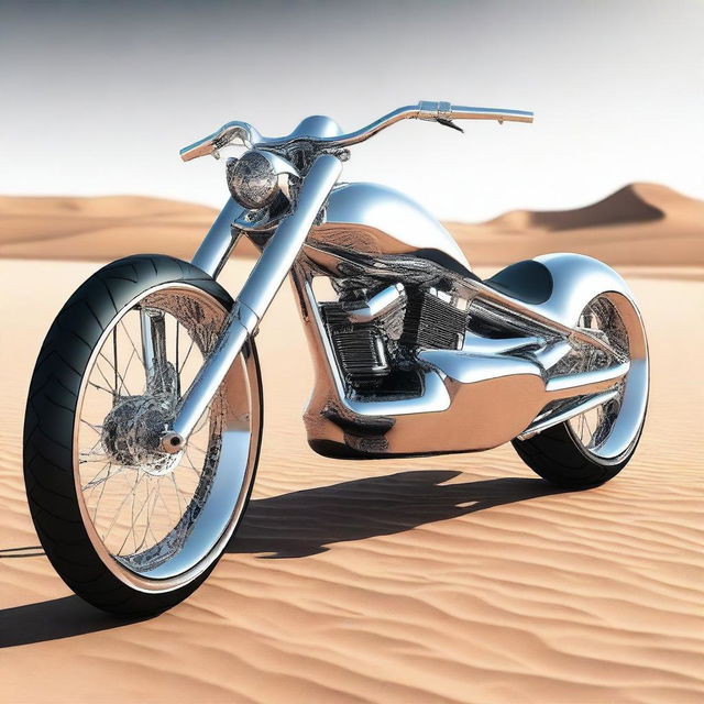 A chrome speeder bike chopper with an enclosed cockpit, combining elements of futuristic design and sleek aesthetics