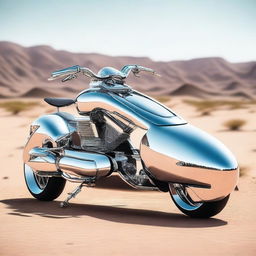 A chrome speeder bike chopper with an enclosed cockpit, combining elements of futuristic design and sleek aesthetics