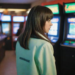 casual photograpy by kodak from the back, female , 23 year old with green eyes and black long hai with withe streaks in the bangs, withe jacket.,freckles, playing arcade video games, medium distance shot, high detailed, 4k hd,  --styerw--v 5.2 ar 2-3