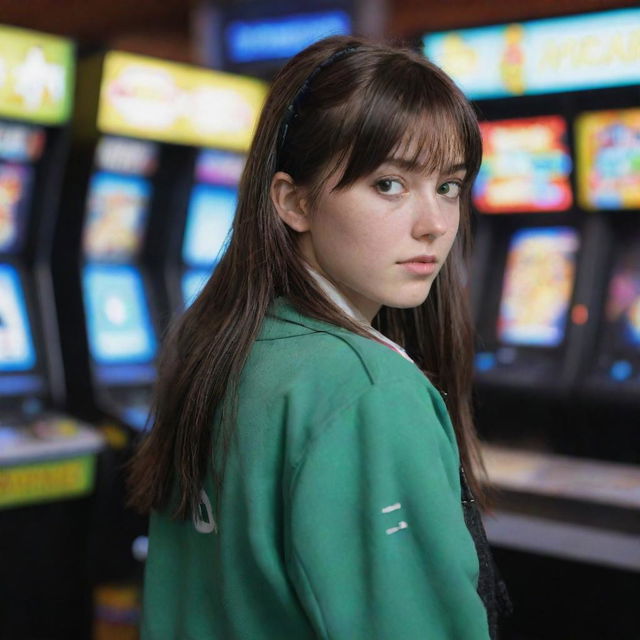 casual photograpy by kodak from the back, female , 23 year old with green eyes and black long hai with withe streaks in the bangs, withe jacket.,freckles, playing arcade video games, medium distance shot, high detailed, 4k hd,  --styerw--v 5.2 ar 2-3