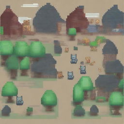 A front view of a cat town being invaded, depicted in 8-bit pixel art style