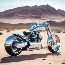 A chrome speeder bike chopper with an enclosed cockpit, seamlessly blending futuristic design with sleek aesthetics