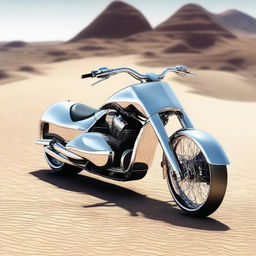 A chrome speeder bike chopper with an enclosed cockpit, seamlessly blending futuristic design with sleek aesthetics