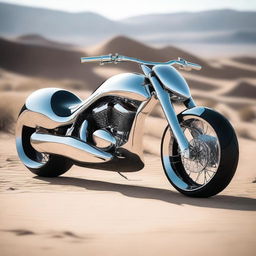 A chrome speeder bike chopper with an enclosed cockpit, seamlessly blending futuristic design with sleek aesthetics