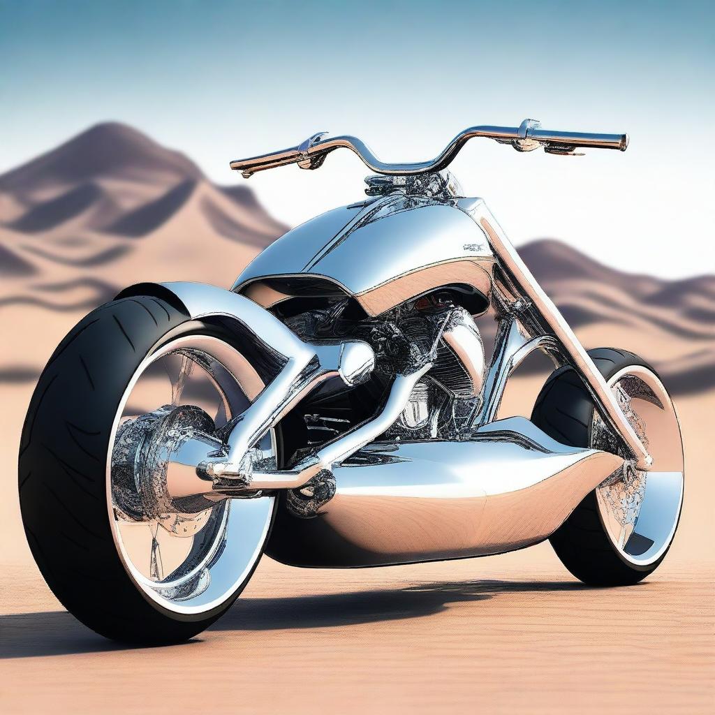 A chrome speeder bike chopper with an enclosed cockpit and wide tires, merging futuristic design with sleek aesthetics