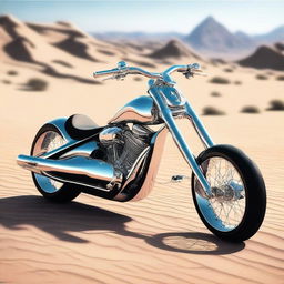 A chrome speeder bike chopper with an enclosed cockpit and wide tires, merging futuristic design with sleek aesthetics