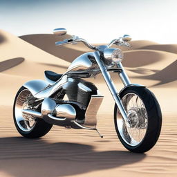 A chrome speeder bike chopper with an enclosed cockpit and wide tires, merging futuristic design with sleek aesthetics