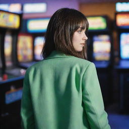 casual photograpy by kodak from the back, female , 23 year old with green eyes and black long hai with withe streaks in the bangs, withe jacket.,freckles, playing arcade video games, medium distance shot, high detailed, 4k hd,  --styerw--v 5.2 ar 2-3