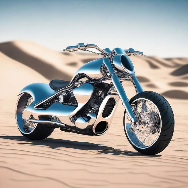 A chrome speeder bike chopper with an enclosed cockpit and wide tires, merging futuristic design with sleek aesthetics