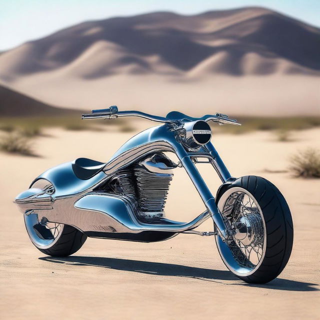 A chrome speeder bike chopper with an enclosed cockpit and wide tires, merging futuristic design with robust aesthetics