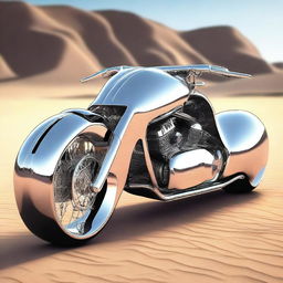 A chrome speeder bike chopper with an enclosed cockpit and wide tires, merging futuristic design with robust aesthetics