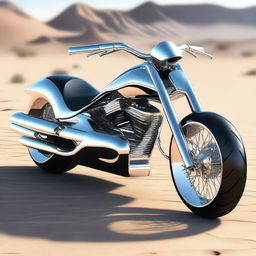 A chrome speeder bike chopper with an enclosed cockpit and wide tires, merging futuristic design with robust aesthetics