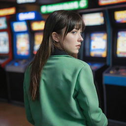 casual photograpy by kodak from the back, female , 23 year old with green eyes and black long hai with withe streaks in the bangs, withe jacket.,freckles, playing arcade video games, medium distance shot, high detailed, 4k hd,  --styerw--v 5.2 ar 2-3