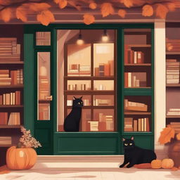 A cozy small town bookstore with a fall vibe