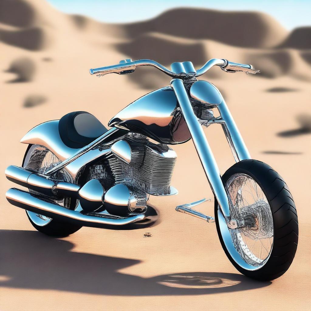 A chrome speeder bike chopper with an enclosed cockpit and wide tires, combining futuristic design with robust aesthetics