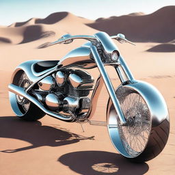 A chrome speeder bike chopper with an enclosed cockpit and wide tires, combining futuristic design with robust aesthetics