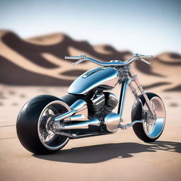 A chrome speeder bike chopper with an enclosed cockpit and wide tires, combining futuristic design with robust aesthetics