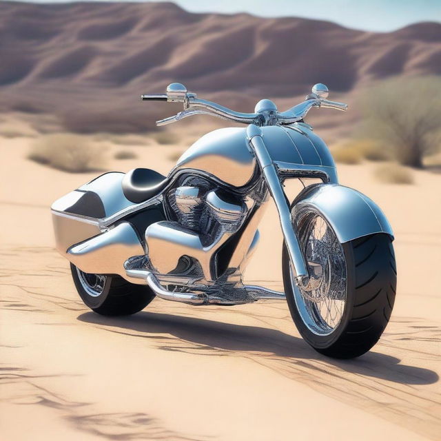 A chrome speeder bike chopper with an enclosed cockpit and wide tires, combining futuristic design with robust aesthetics