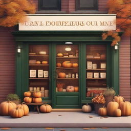 A cozy bookstore located on the main street of a small town with autumn vibes