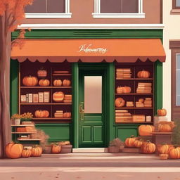 A cozy bookstore located on the main street of a small town with autumn vibes