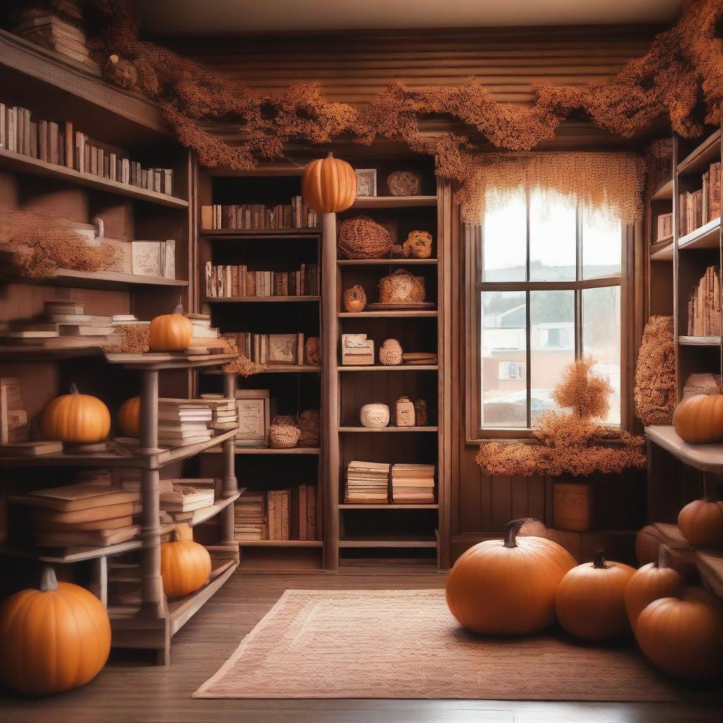 A cozy bookstore located on the main street of a small town with autumn vibes