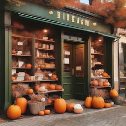 A cozy bookstore located on the main street of a small town with autumn vibes