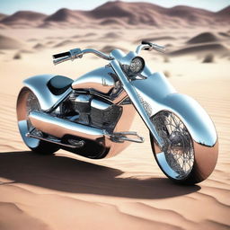 A chrome speeder bike chopper with an enclosed cockpit and wide tires, merging futuristic design with robust aesthetics