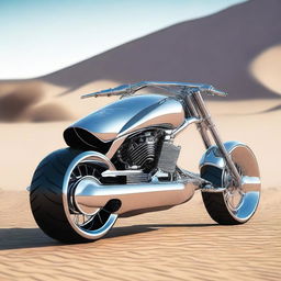 A chrome speeder bike chopper with an enclosed cockpit and wide tires, merging futuristic design with robust aesthetics