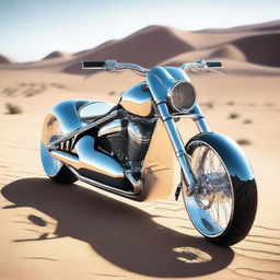 A chrome speeder bike chopper with an enclosed cockpit and wide tires, merging futuristic design with robust aesthetics