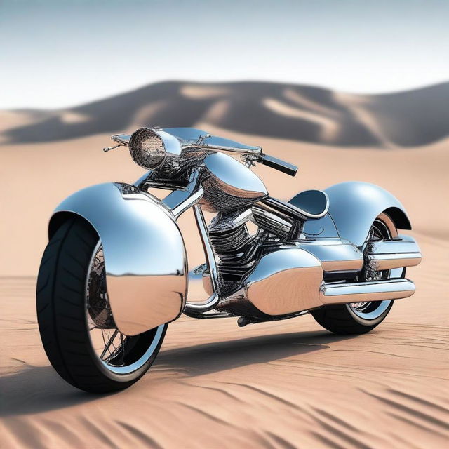 A chrome speeder bike chopper with an enclosed cockpit and wide tires, merging futuristic design with robust aesthetics