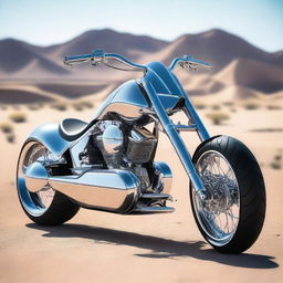 A chrome speeder bike chopper with an enclosed cockpit and wide tires