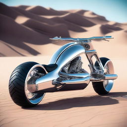 A chrome speeder bike chopper with an enclosed cockpit and wide tires