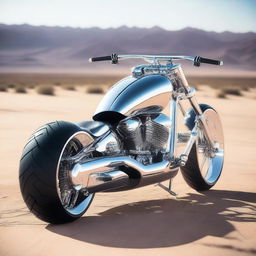 A chrome speeder bike chopper with an enclosed cockpit and wide tires