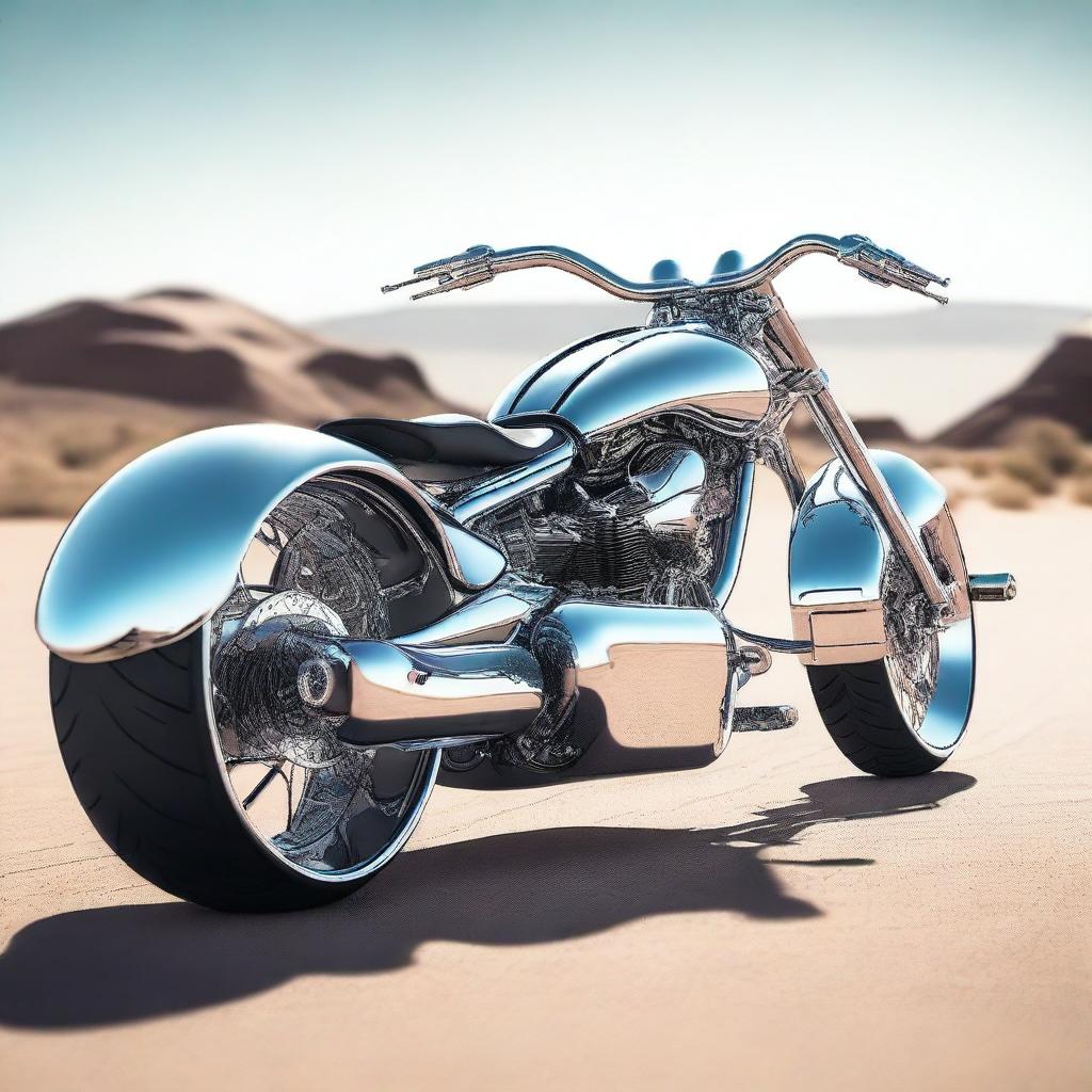 A chrome speeder bike chopper with an enclosed cockpit and wide tires, blending futuristic design with robust aesthetics