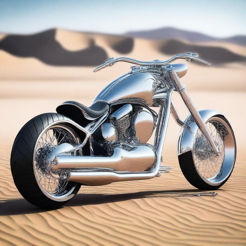 A chrome speeder bike chopper with an enclosed cockpit and wide tires, blending futuristic design with robust aesthetics