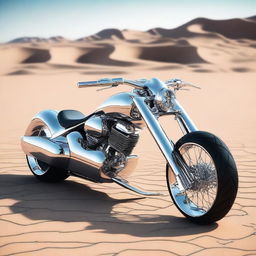 A chrome speeder bike chopper with an enclosed cockpit and wide tires, blending futuristic design with robust aesthetics