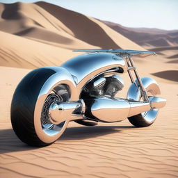 A chrome speeder bike chopper with an enclosed cockpit and wide car tires, blending futuristic design with robust aesthetics