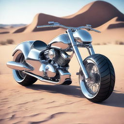 A chrome speeder bike chopper with an enclosed cockpit and wide car tires, blending futuristic design with robust aesthetics