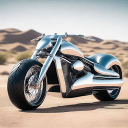 A chrome speeder bike chopper with an enclosed cockpit and wide car tires, blending futuristic design with robust aesthetics